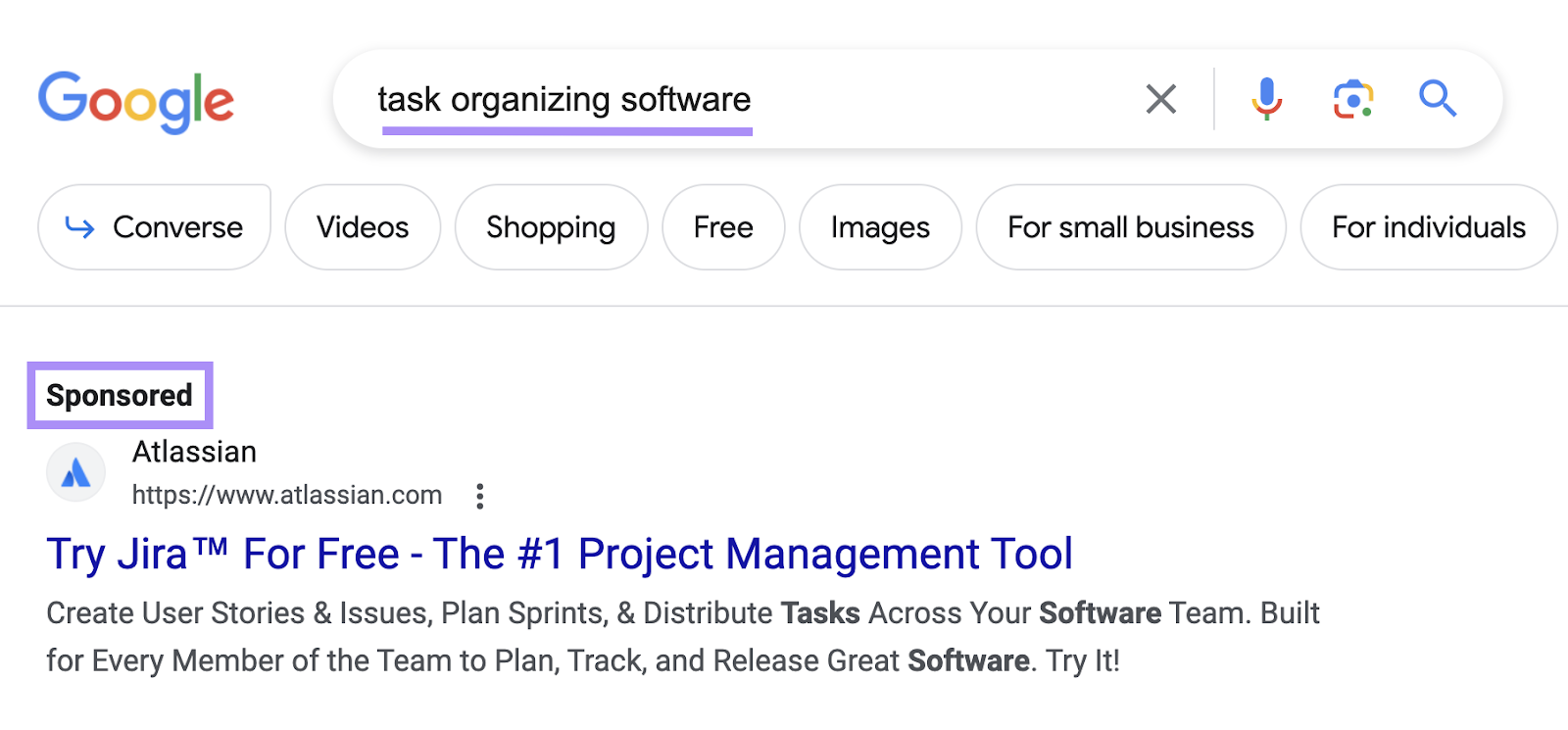 A PPC advertisement  connected  Google for the word  "task organizing software" has a "sponsored" label