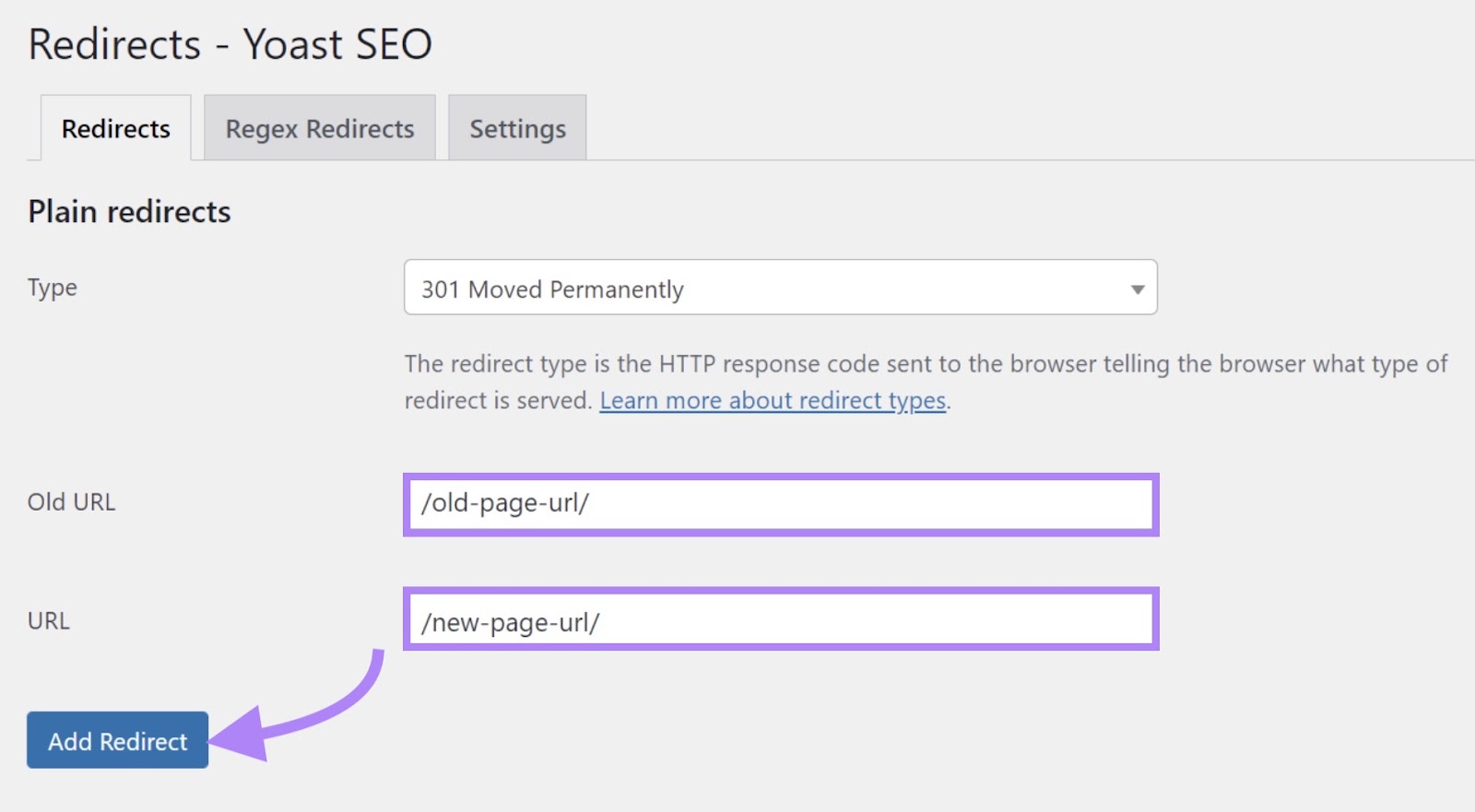 Redirects screen on Yoast SEO with old and new URLs entered and 'Add redirect' button clicked.