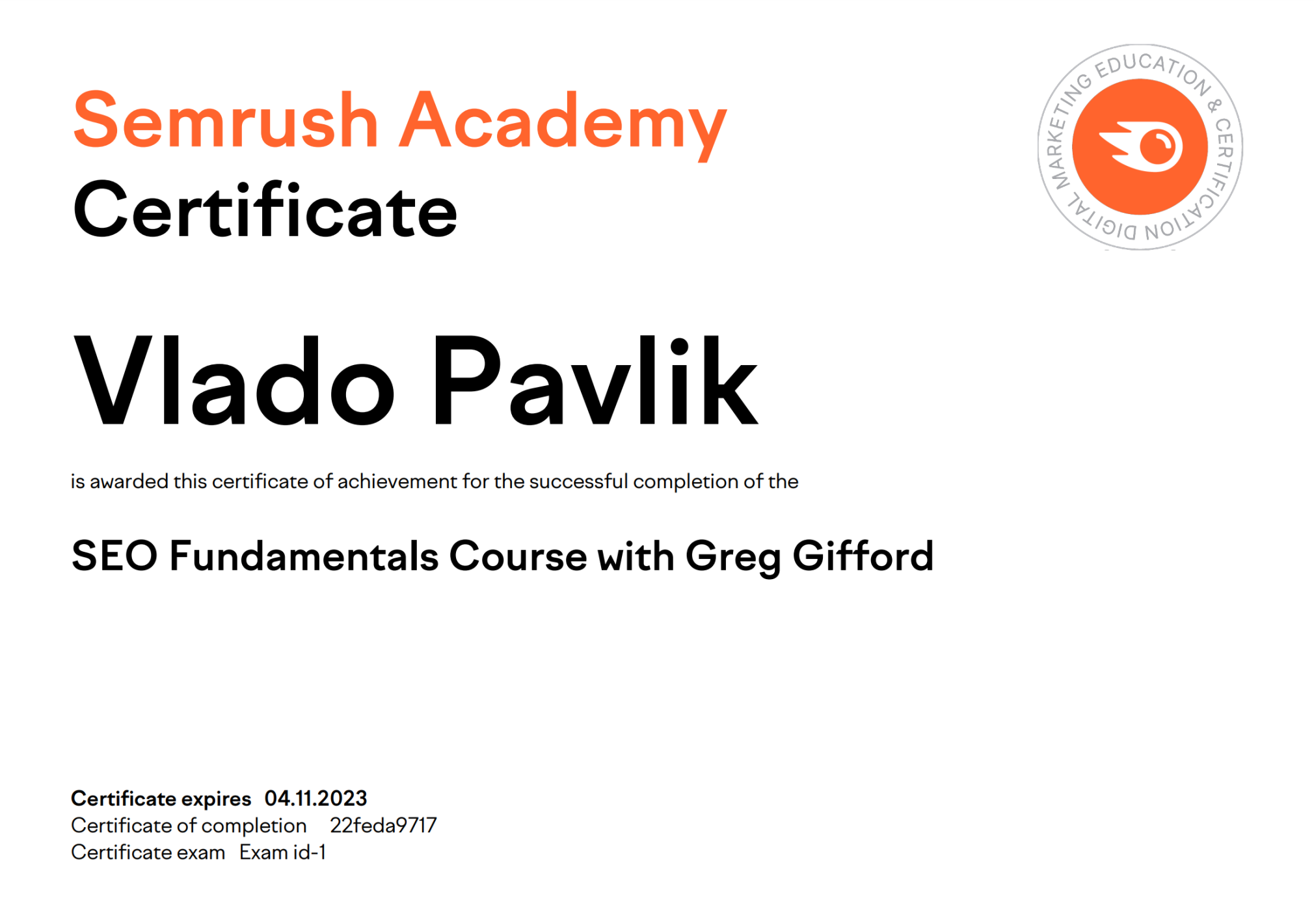 semrush certificate example