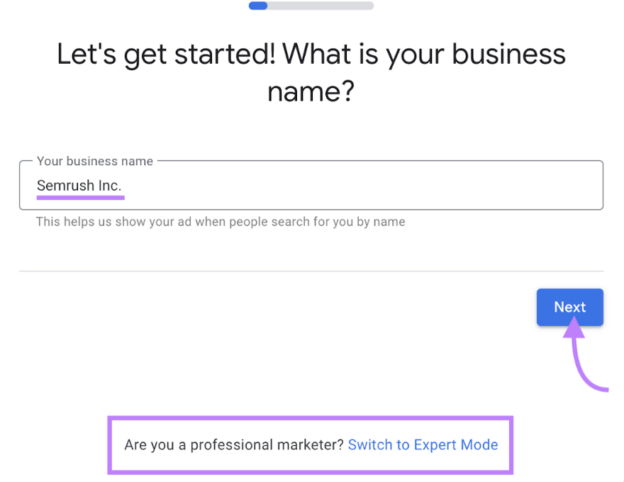 Business name entered to create a new Google Ads account with “Switch to Expert Mode” at the bottom highlighted.