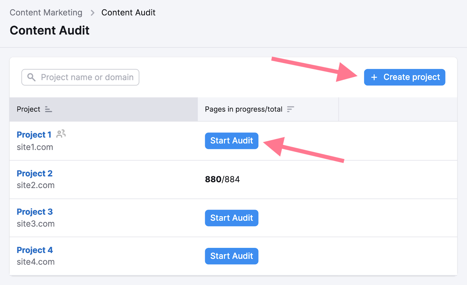 create project in content audit