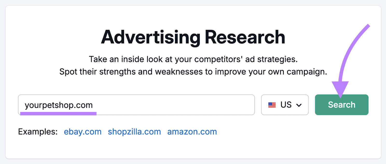 Advertising research's start page with a sample URL—yourpetshop.com—in the space provided