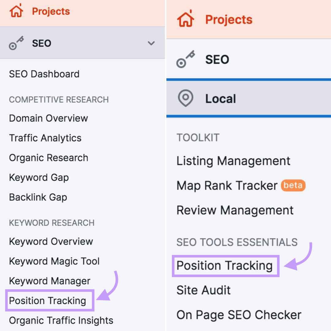 Navigating to Position Tracking tool in Semrush menu