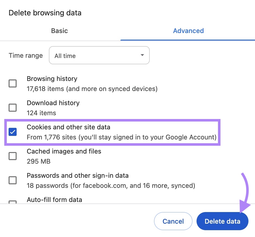 "Delete browsing data" page on Google Chrome with “Cookies and other site data” selected and “Delete data” clicked