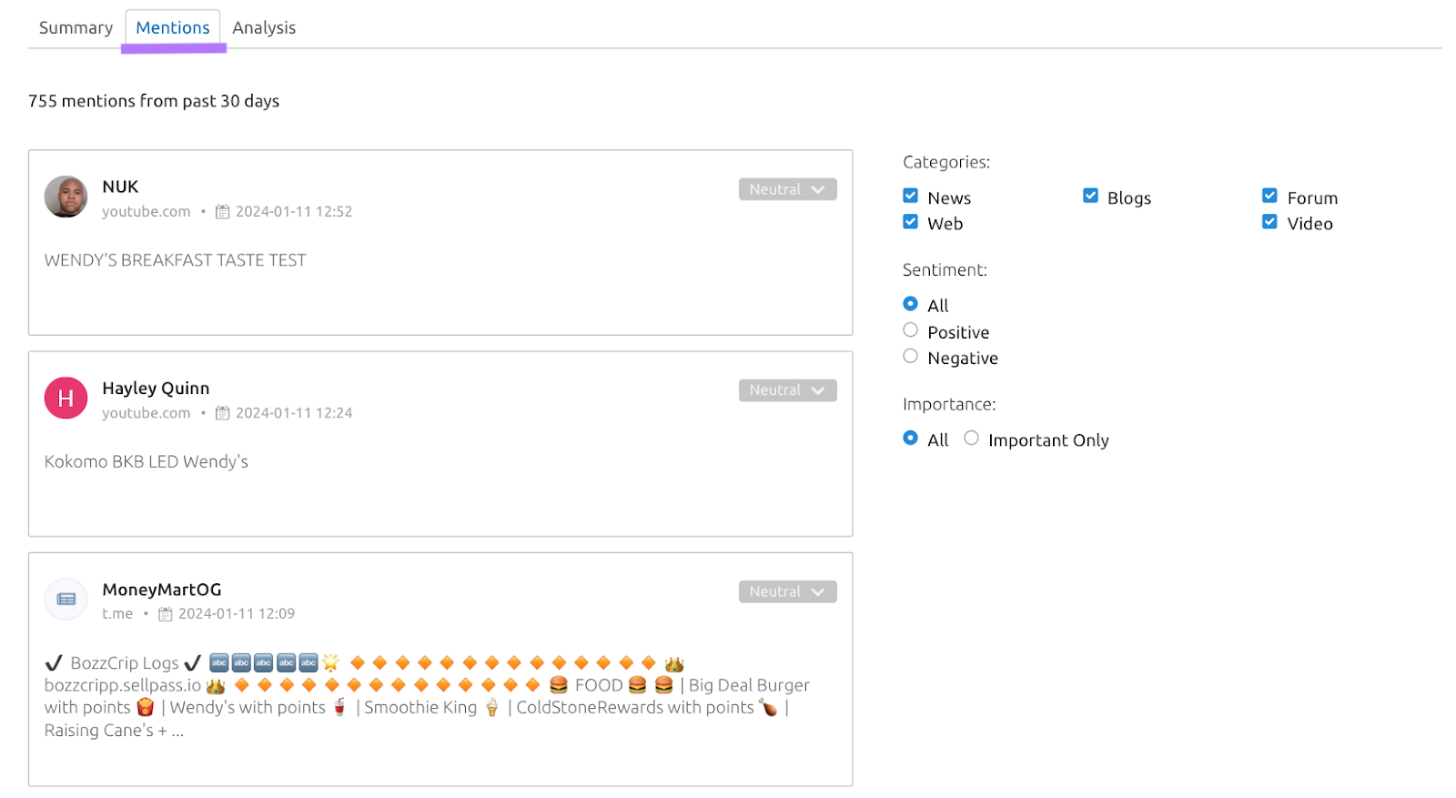 Mentions sorted by day  connected  the 'Mentions' tab of the 'Media Monitoring' instrumentality   with filters for category, sentiment and importance.