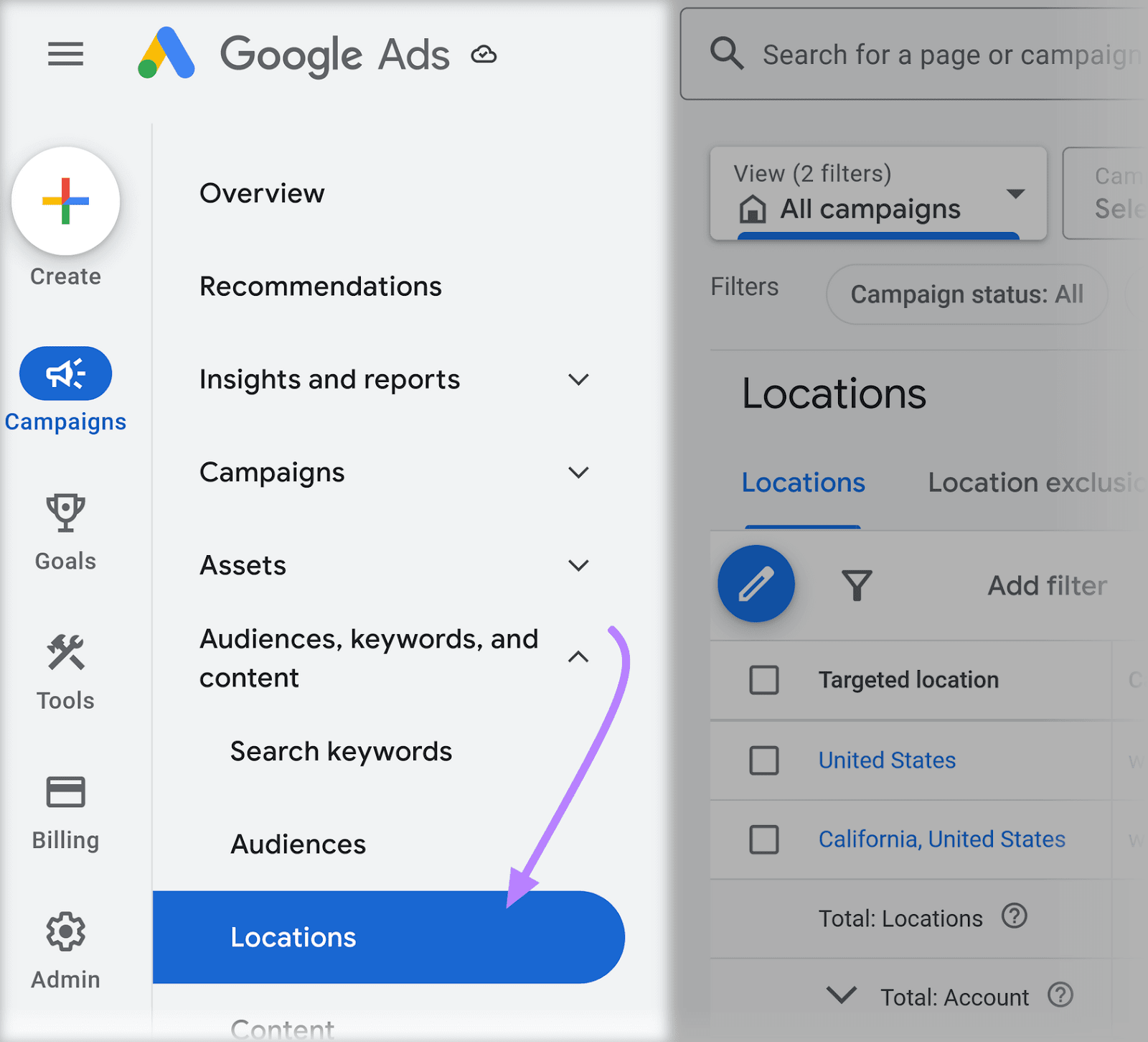 "Locations" selected from the Google Ads menu