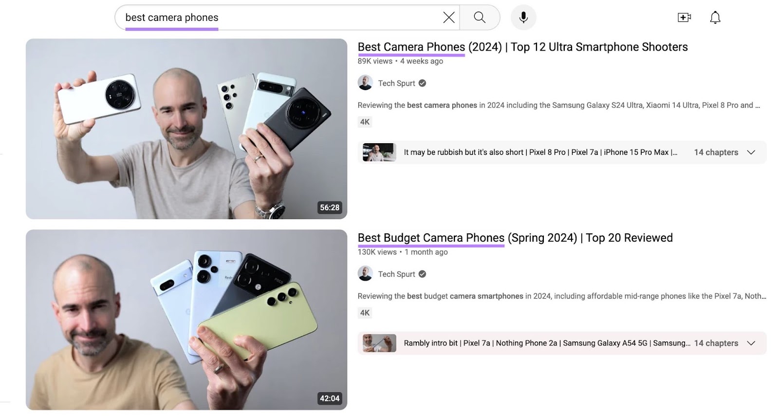 Optimized Youtube video titles highlighted for the term "best camera phones."