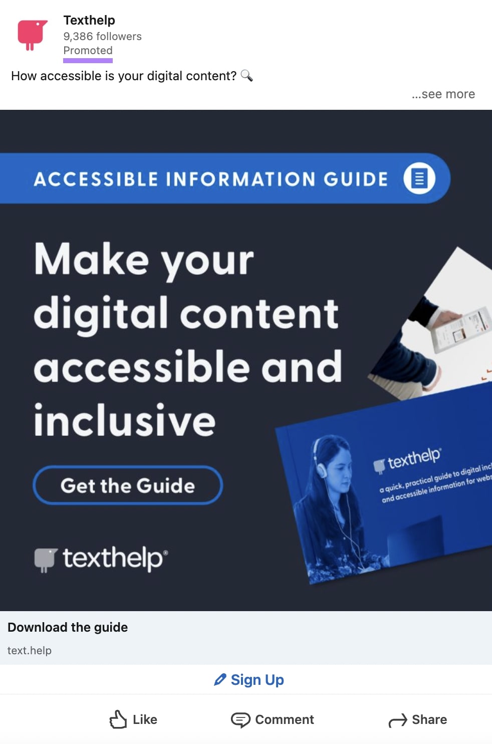 Texthelp native LinkedIn ad for an accessible information guide ready to download