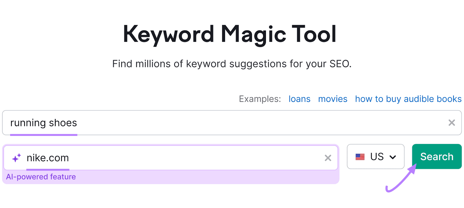 User interface of Keyword Magic Tool showing hunt  inputs for "running shoes" and "nike.com".