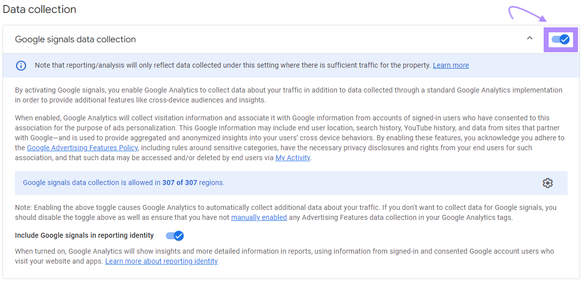 "Google signals data collection" box with the toggle on
