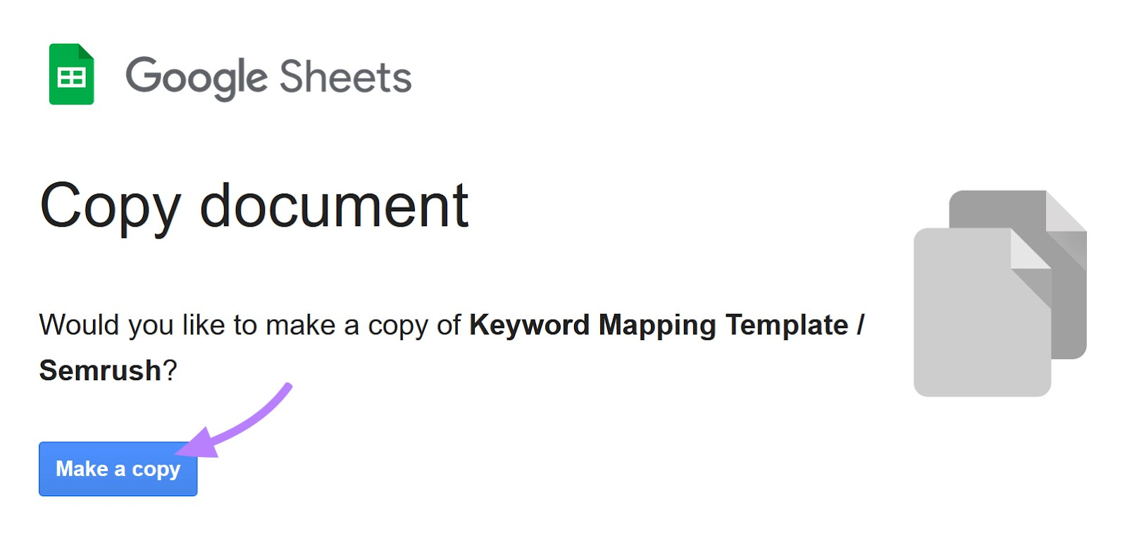 Google Sheets "Copy document" page