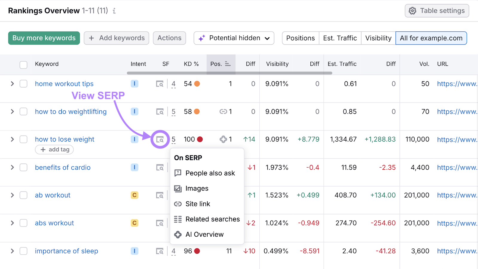 view serp icon labeled in the table