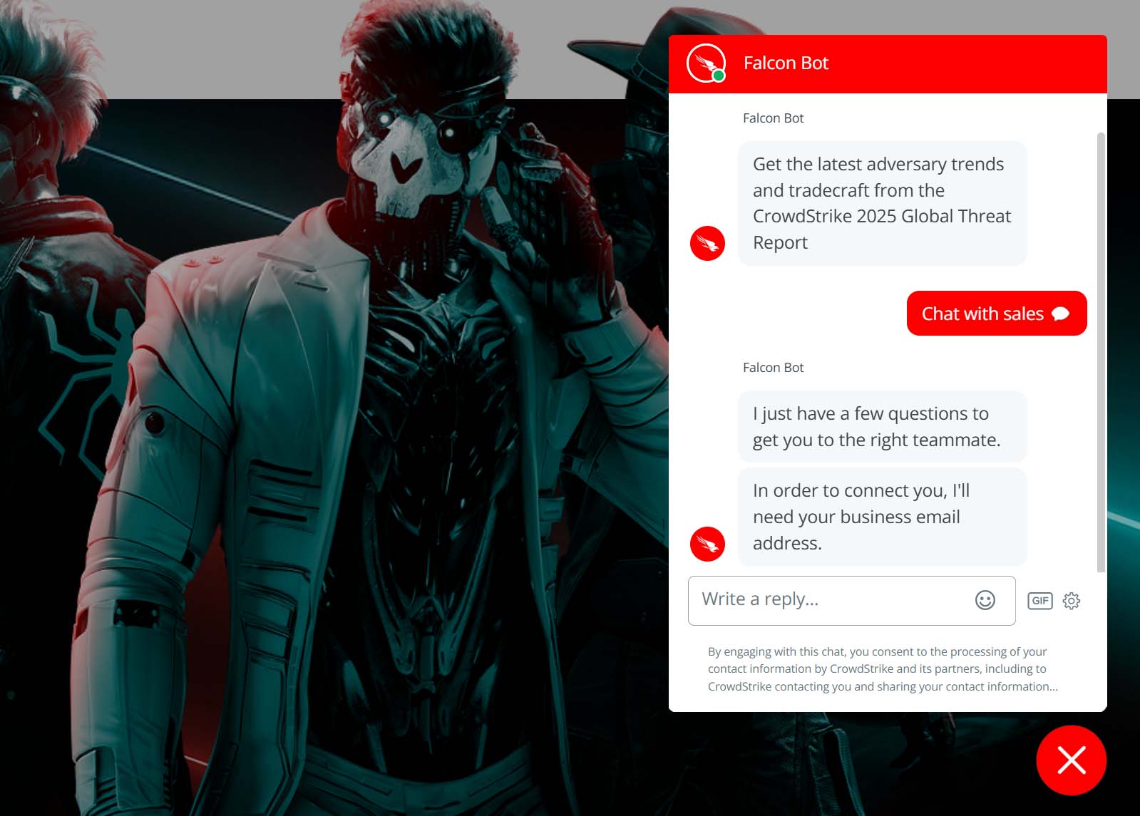 Chat window from Falcon Bot offering access to a threat report and asking for business email to connect with sales