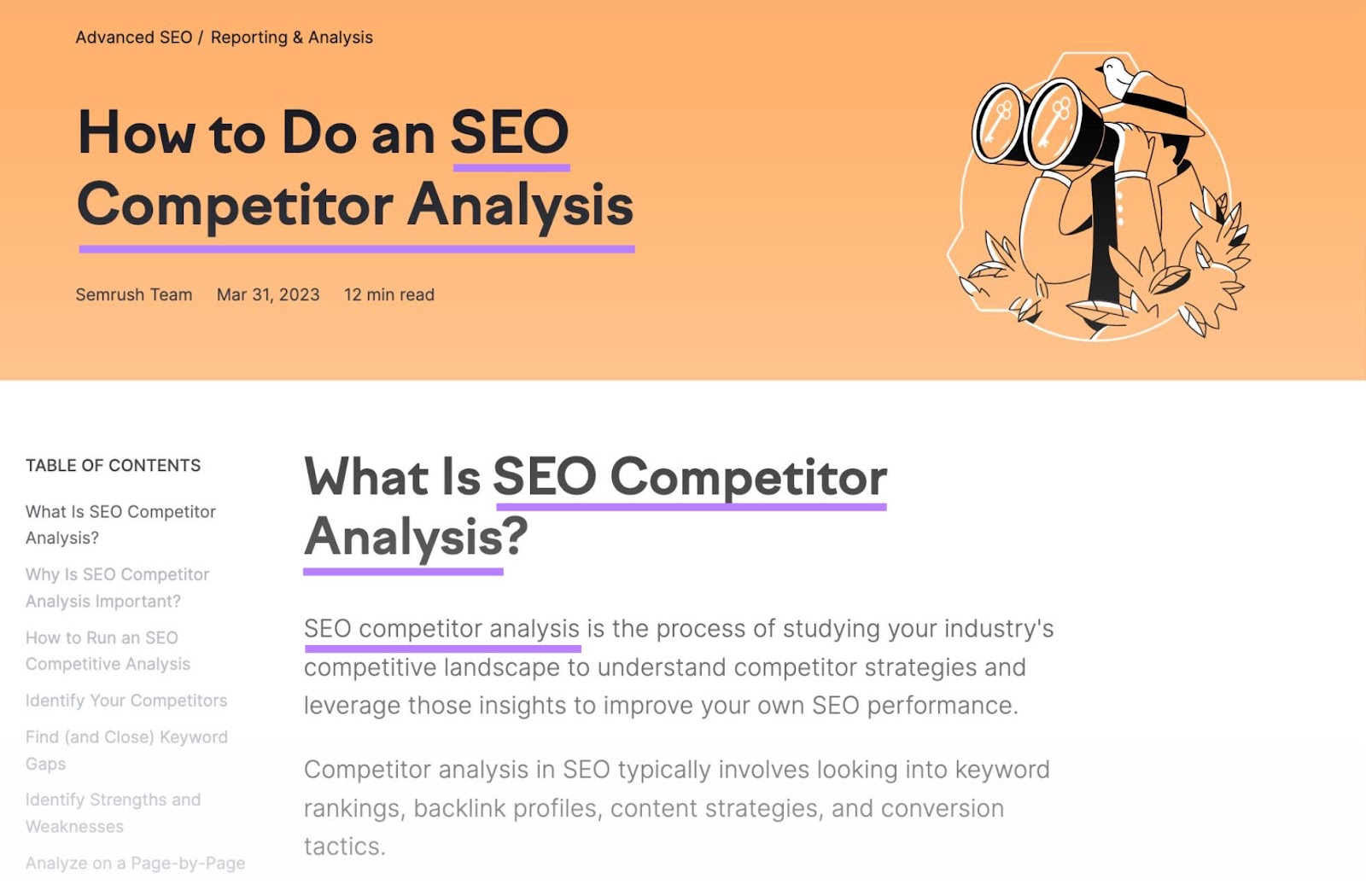 "Cómo hacer un análisis SEO de la competencia" Página del blog de Semrush