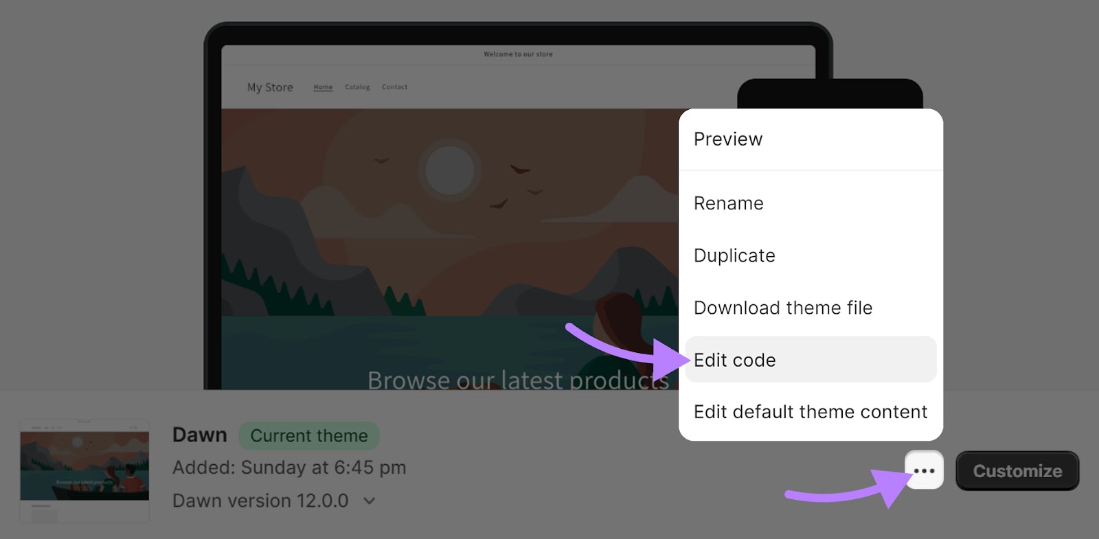 Edit code in your theme modal in Shopify admin dashboard