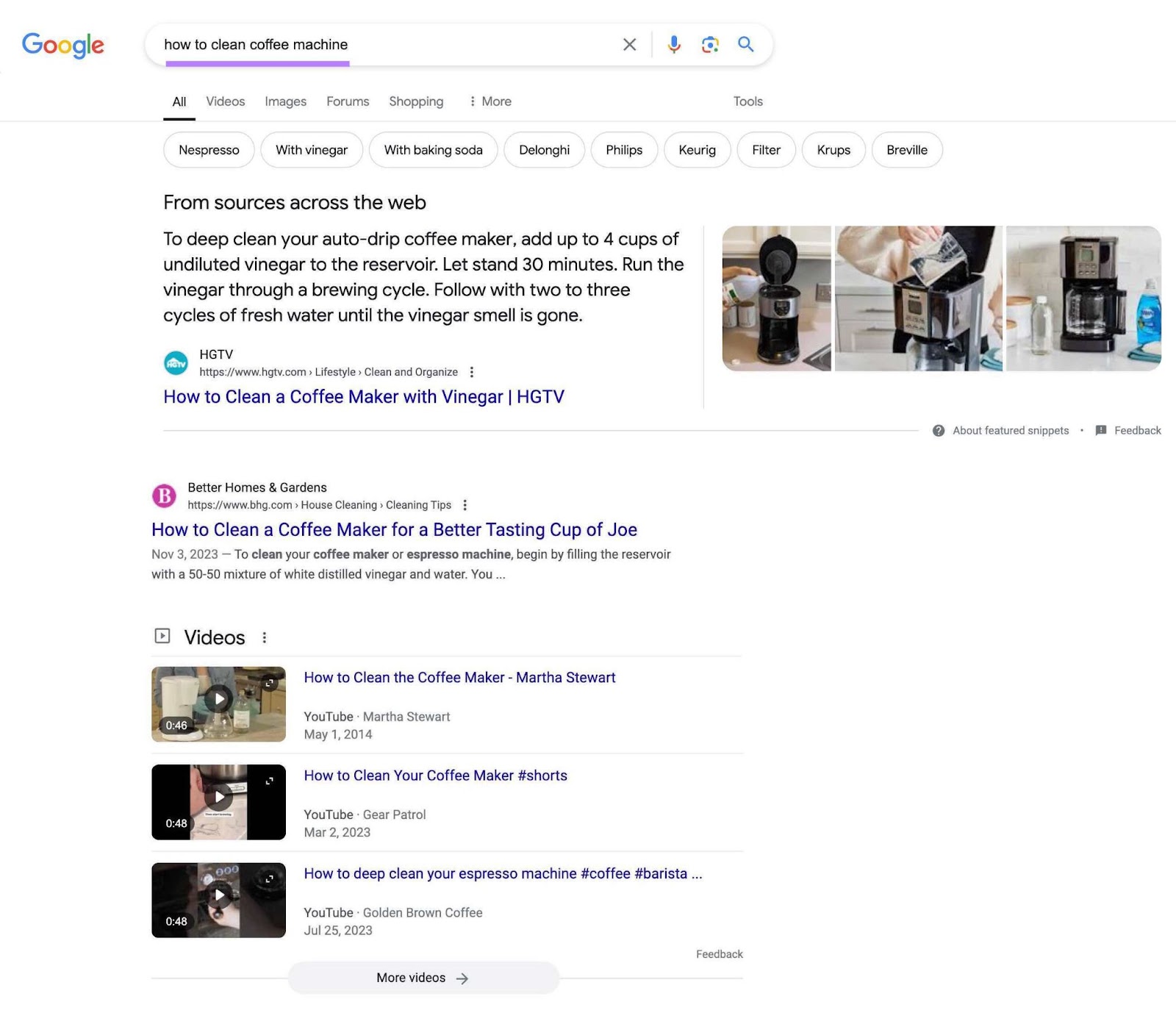 Google SERP for the term "how to clean a coffee machine".