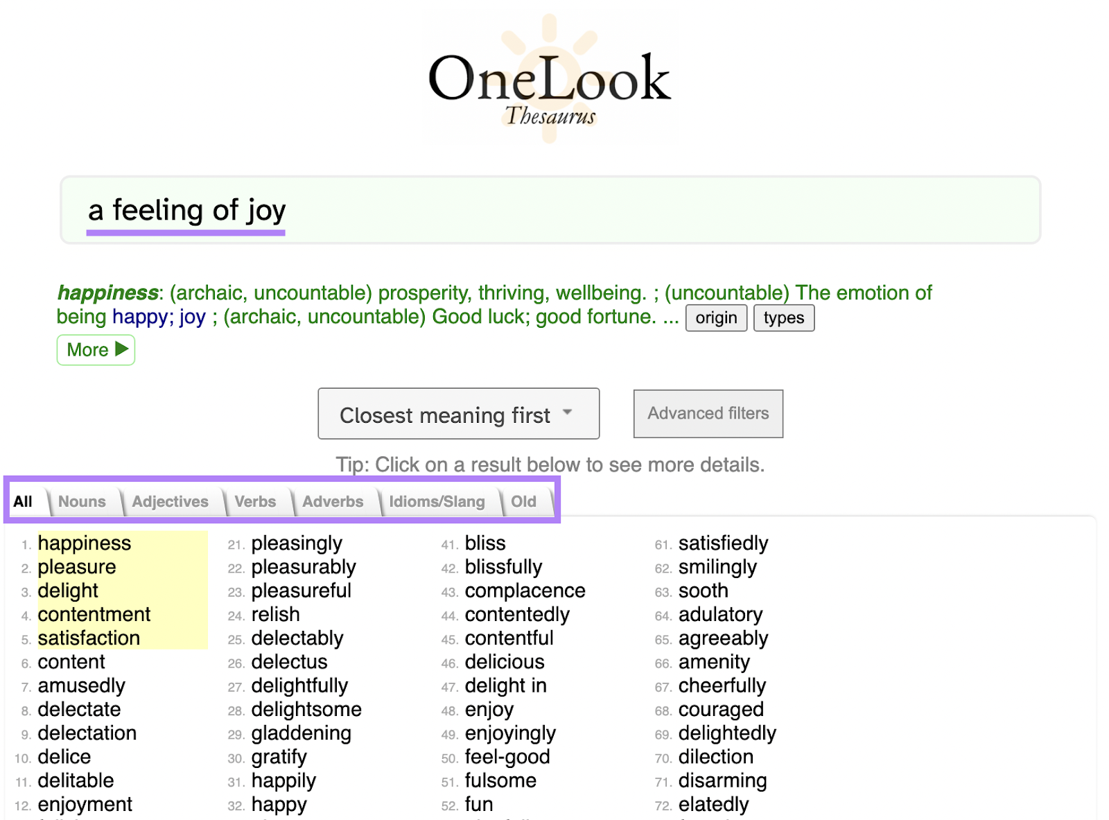 searching for "a feeling of joy" in OneLook Thesaurus