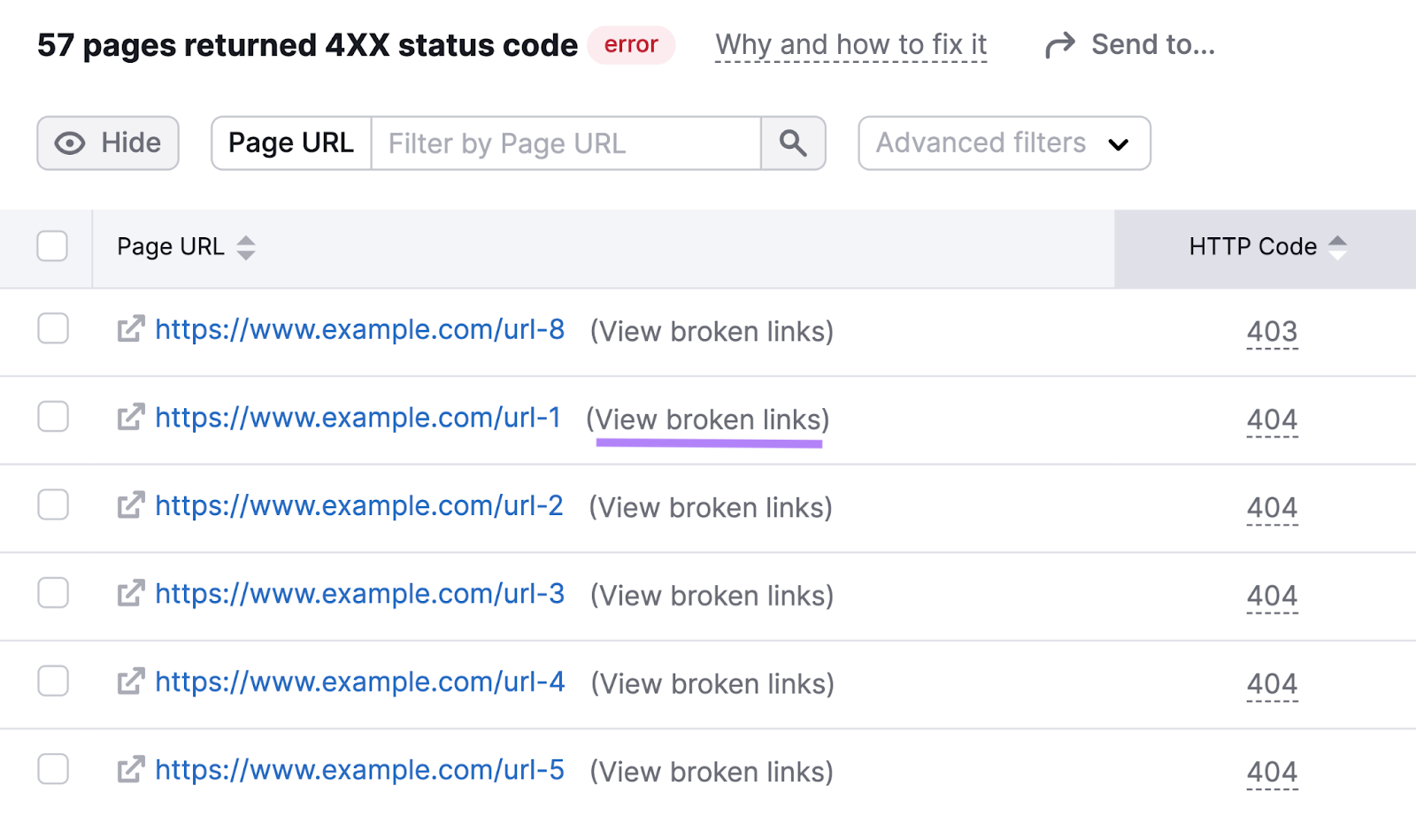 “(View broken links)” highlighted next to a page URL leading to a 404 error from the list