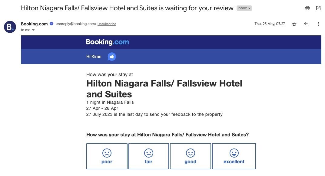 Booking.com email asking for a review