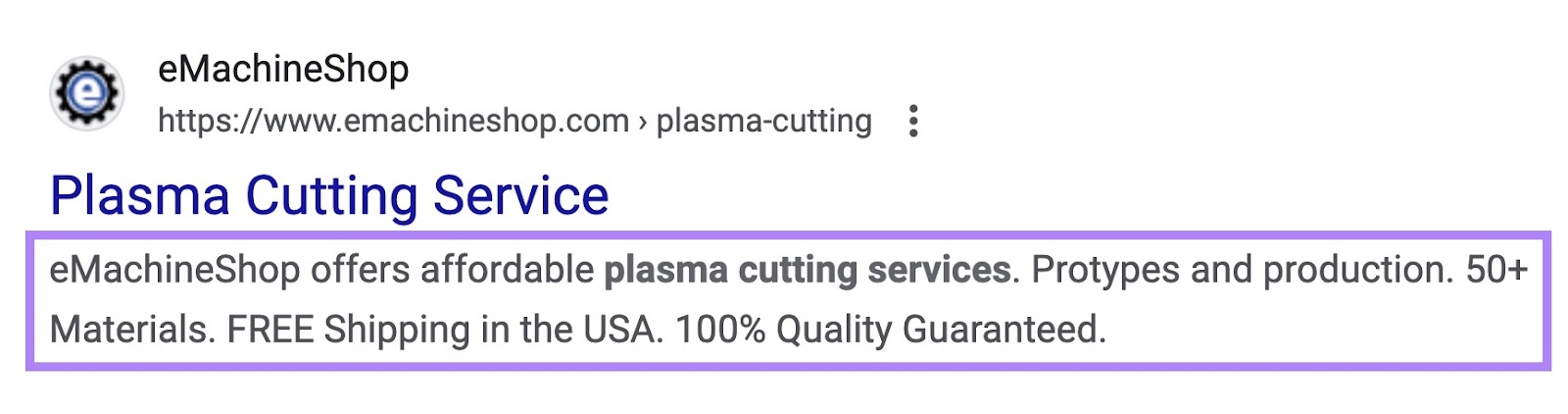 SERP listing of custom parts manufacturer eMachineShop with the keywords and enticing details in the meta description highlighted.