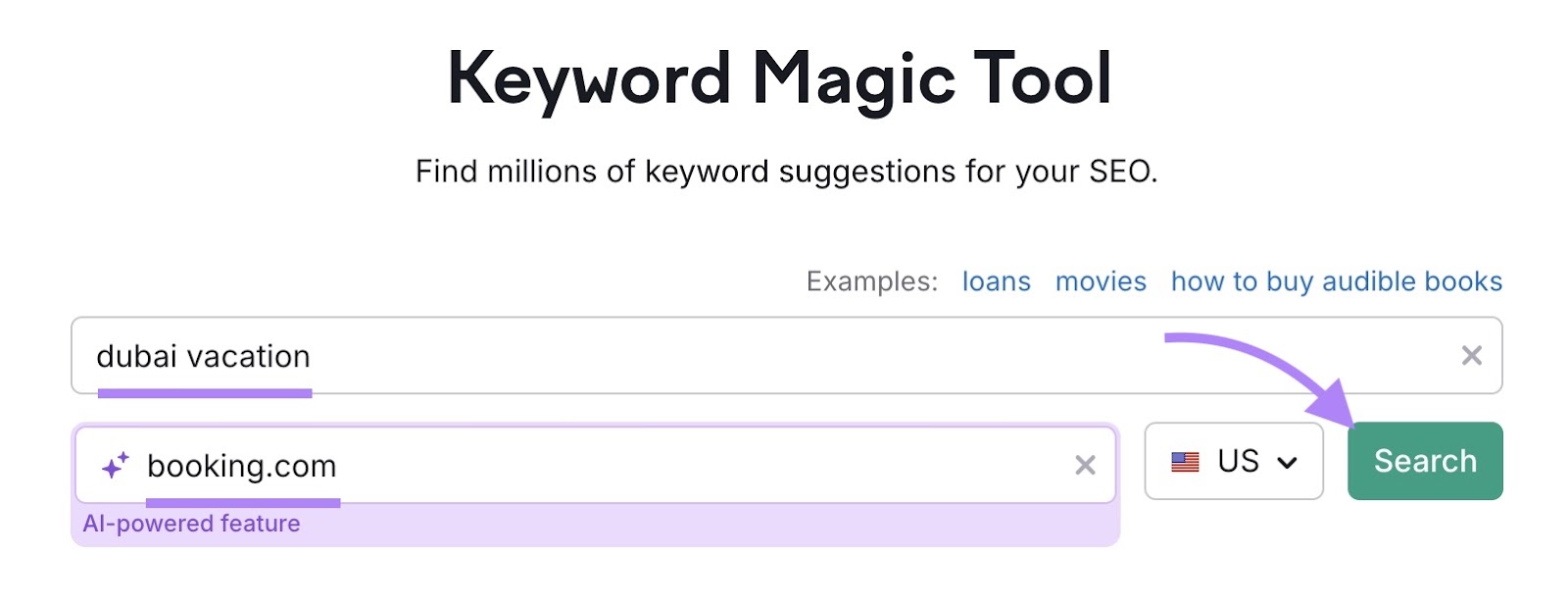 Keyword Magic Tool start with "dubai vacation" entered as the term, a domain entered, and "Search" clicked.