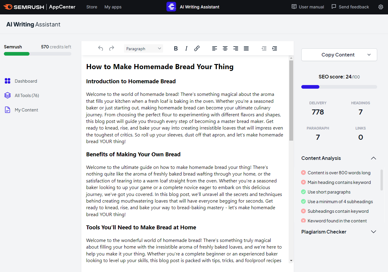 Semrush’s AI Writing Assistant provides a full article alongside suggestions for SEO improvement.