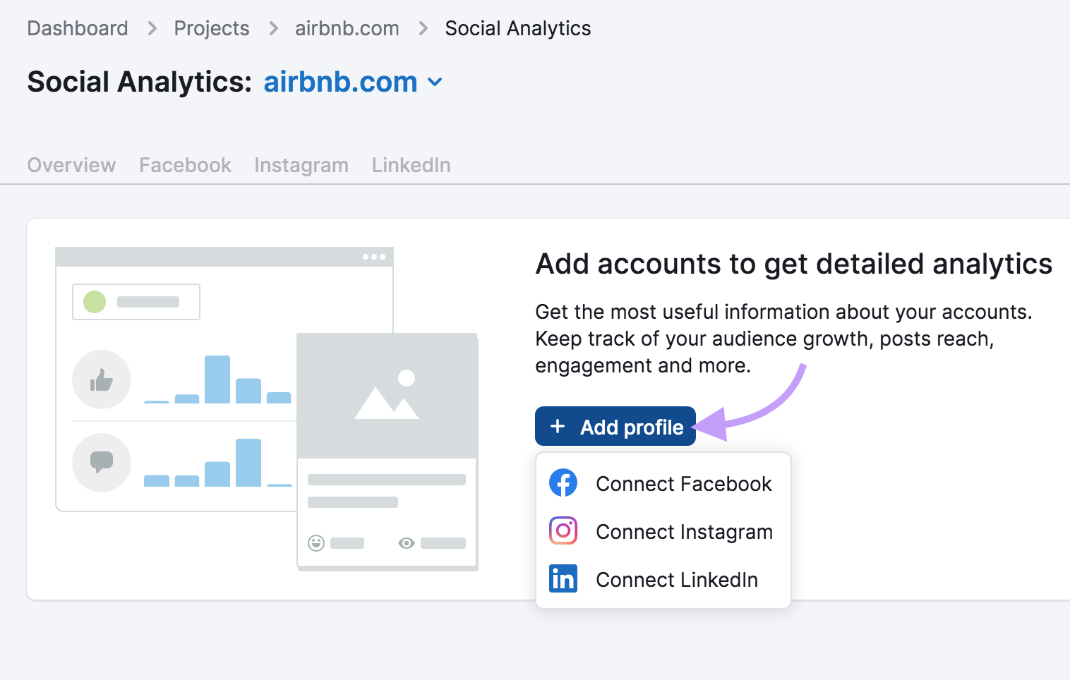 "+ Add profile" button in “Social Analytics tool