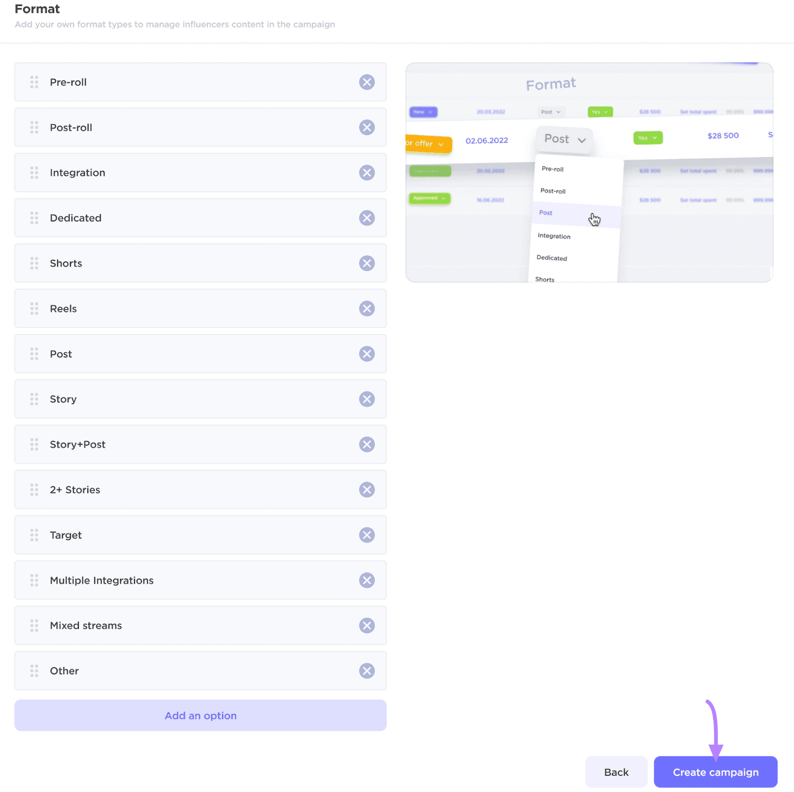 Influencer Analytics UI for choosing content formats in an influencer campaign and a "Create campaign" button.