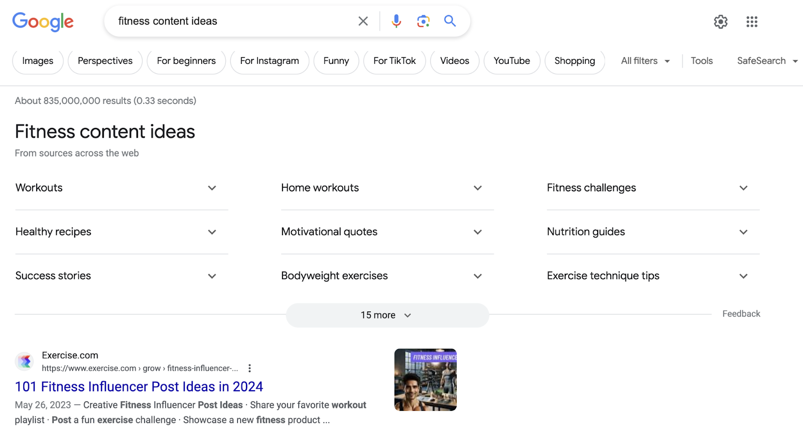 Google SERP for "fitness content ideas"