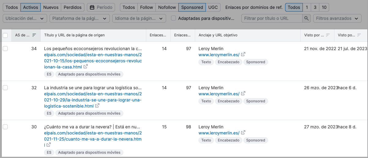 Lista de todos los enlaces internos en la herramienta Auditoría del sitio