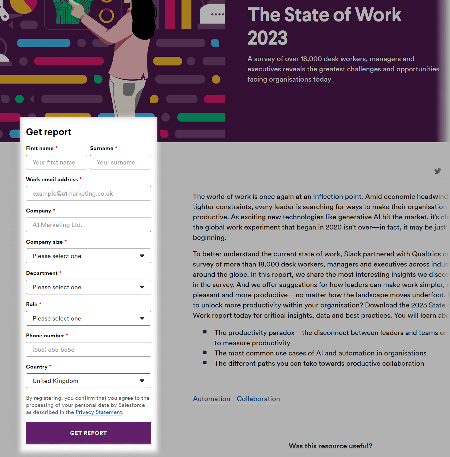 a form to download "The State of Work 2023" Slack report: