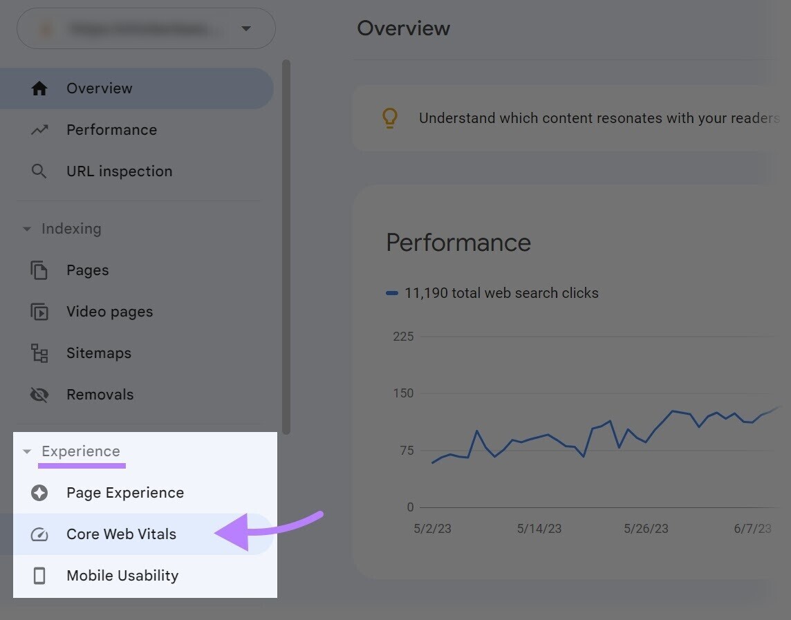 navigating to “Core Web Vitals” section in Google Search Console