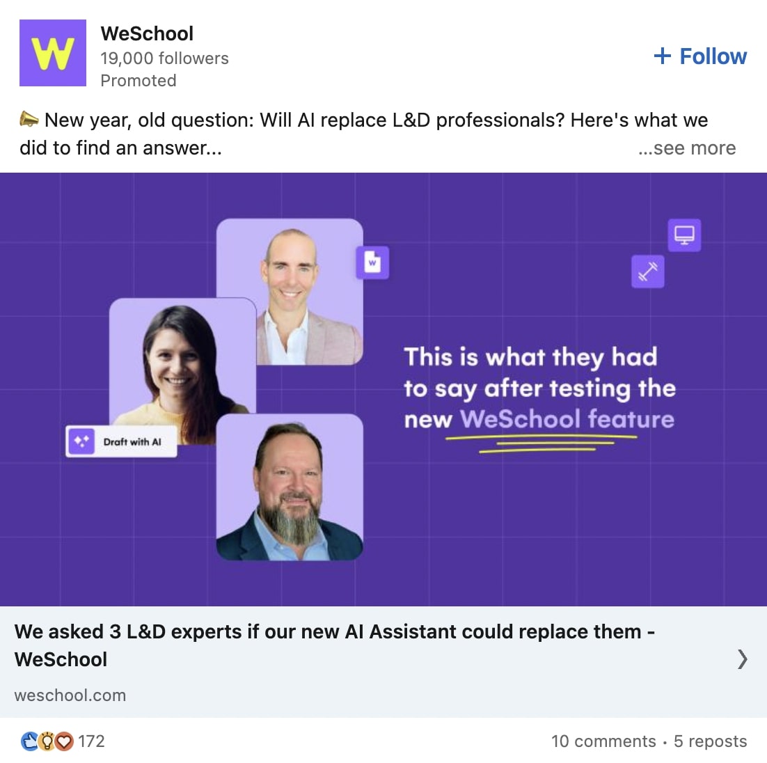 WeSchool LinkedIn Ad showing how L&D experts perceive AI Assistants