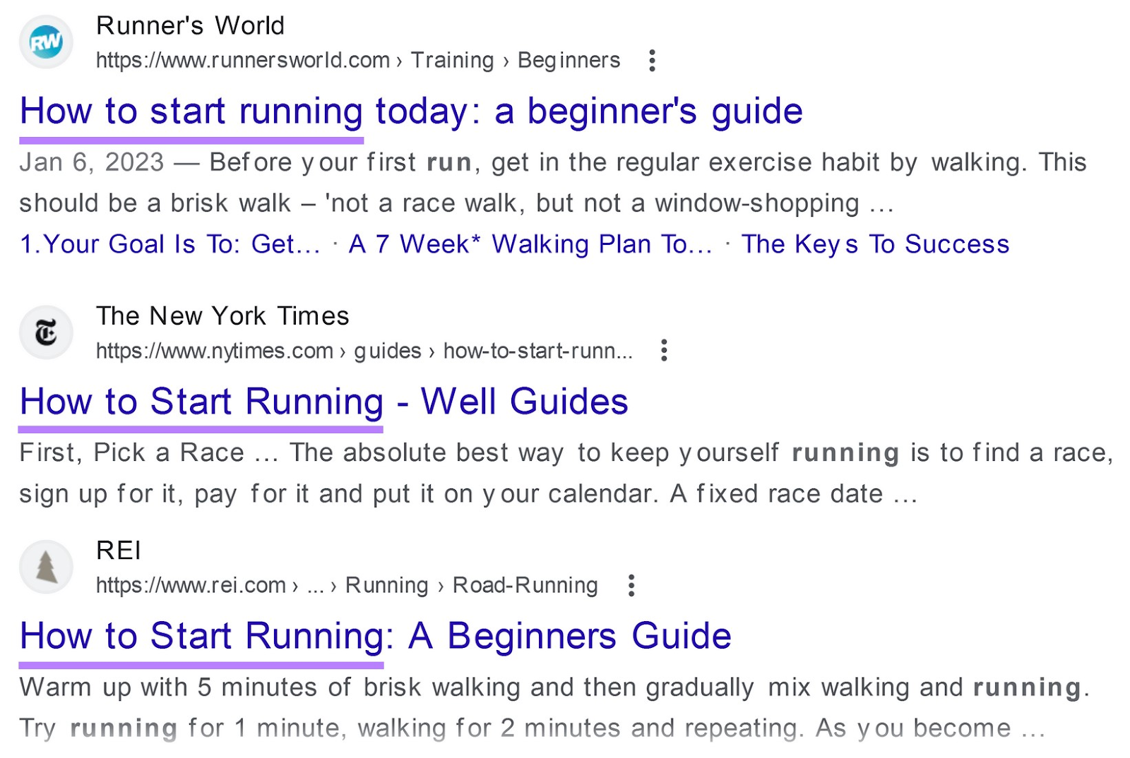 Google SERP for “how to start running” with title tags highlighted in purple