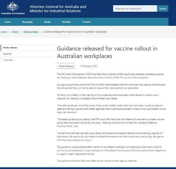 guidance for vaccine rollout in Australian workplaces press release