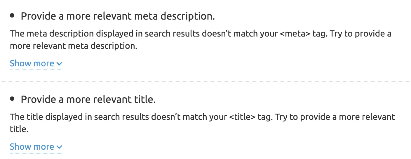 Page suggestions say provide a more relevant meta description and title.