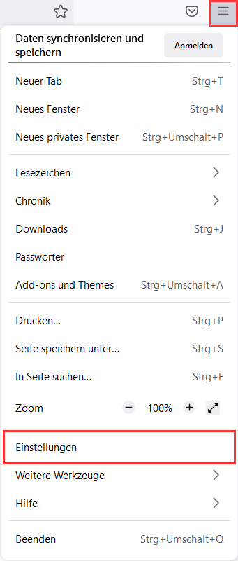 Screenshot: Das Menü in Firefox