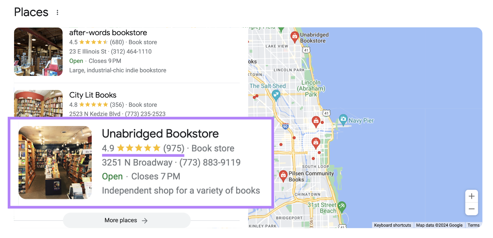local map pack for chicago bookstores highlights one listing with 4.9 stars and almost 1,000 reviews