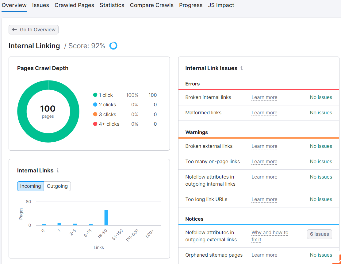 "Internal Linking" main dashboard