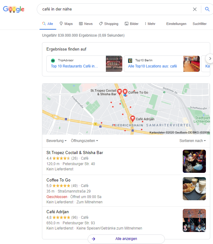 Local-Pack-Suchergebnisse von Google