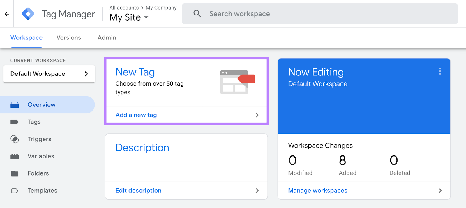 “Add a new tag" button in Tag Manager