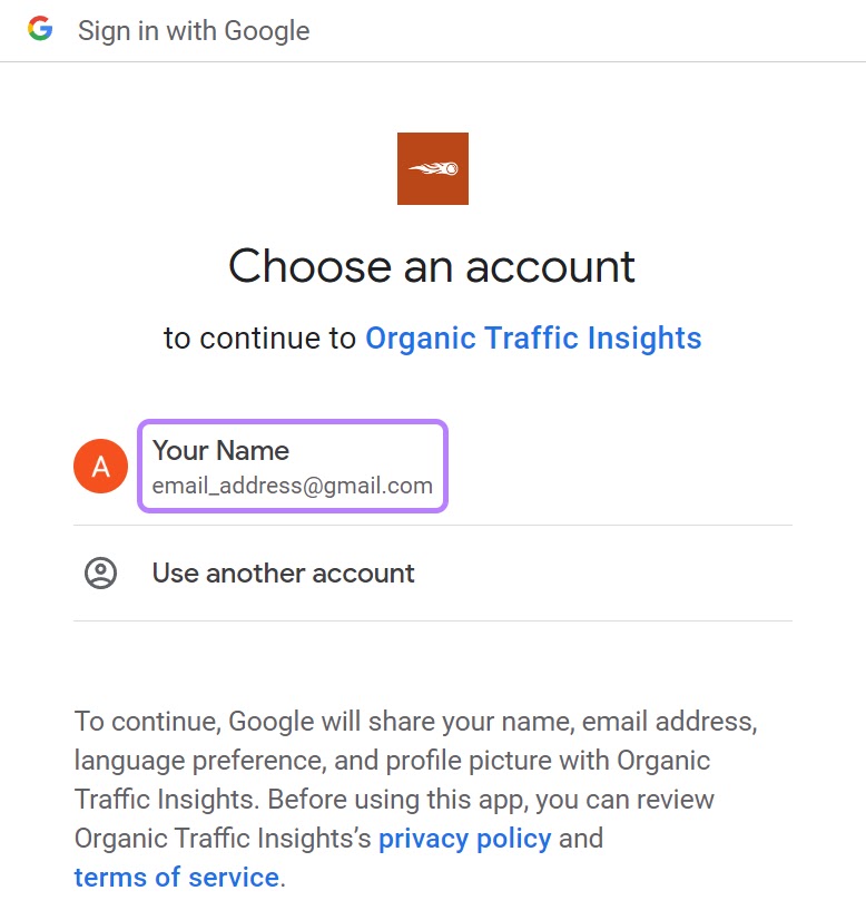 Choose an account to continue to Organic Traffic Insights
