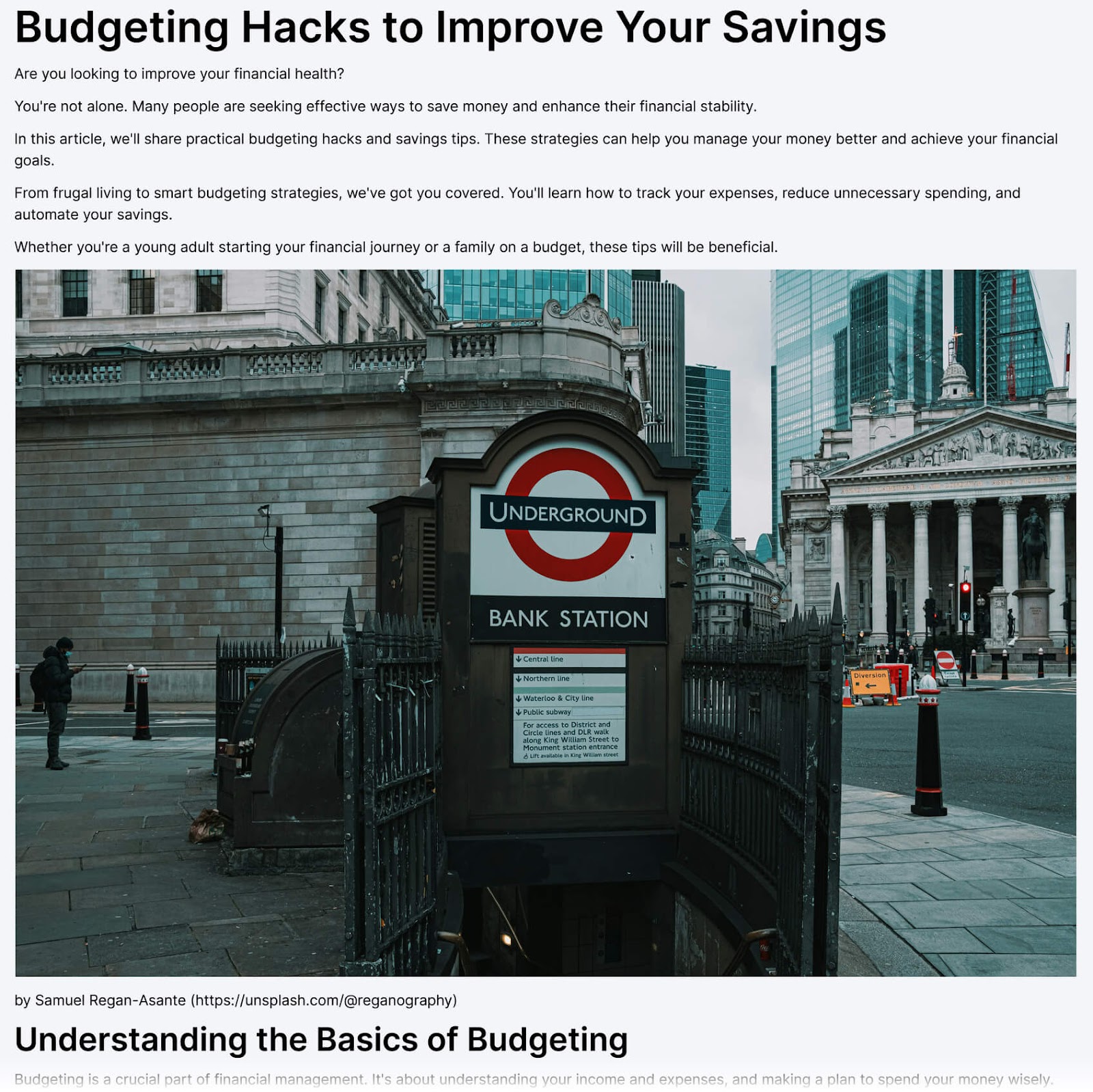 article by Contentshake AI featuring an image of London Underground's Bank Station entrance, with text above and below