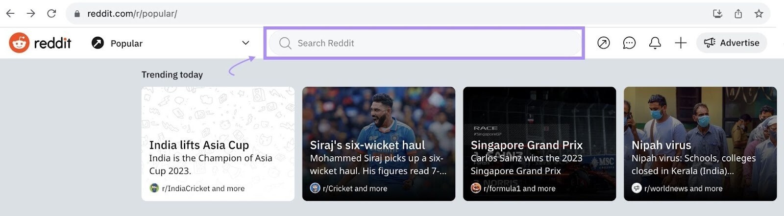 “Search Reddit” bar at the top of the page