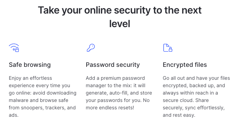 Landing page's security features section