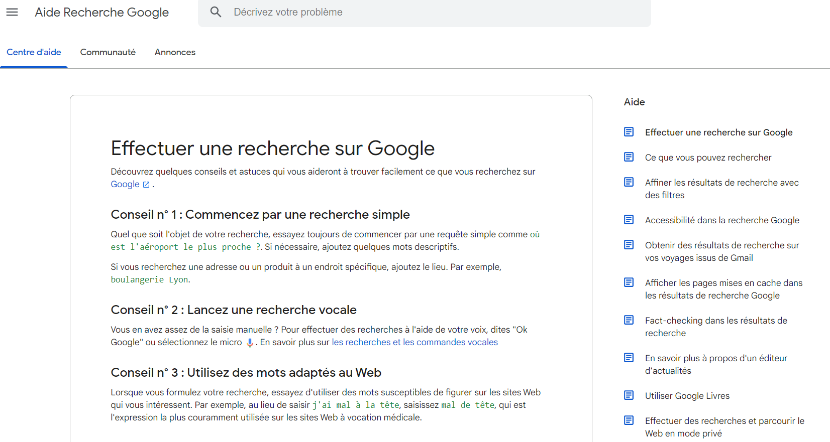 Aide Google Base de connaissances recherche