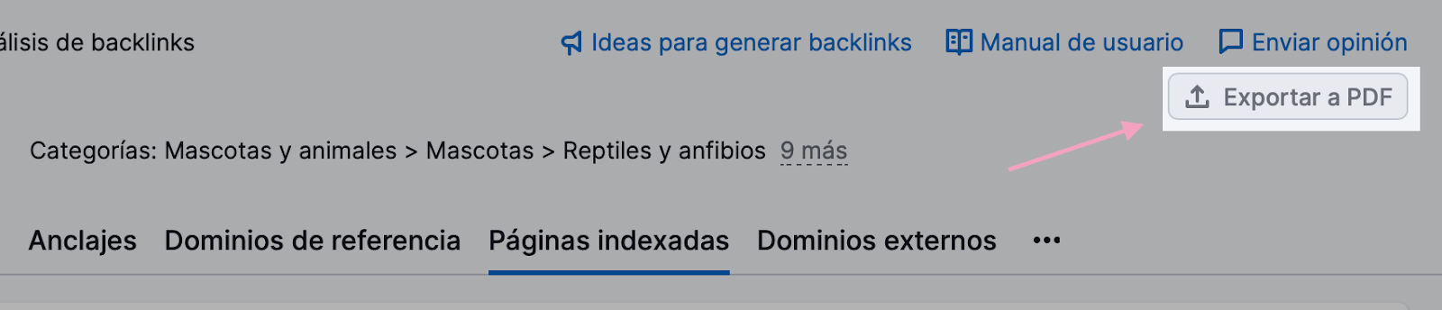 Exportar a PDF en Análisis de backlinks de Semrush