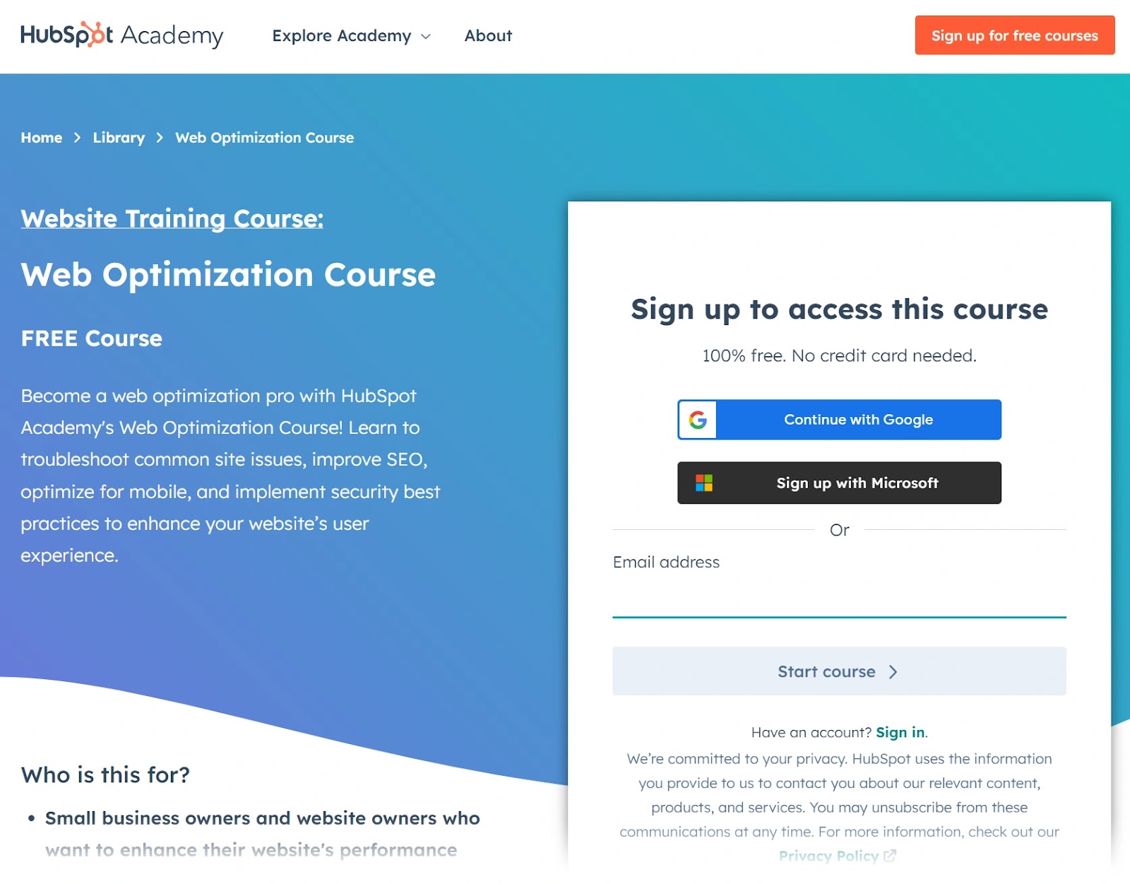 Website Optimization Course landing page
