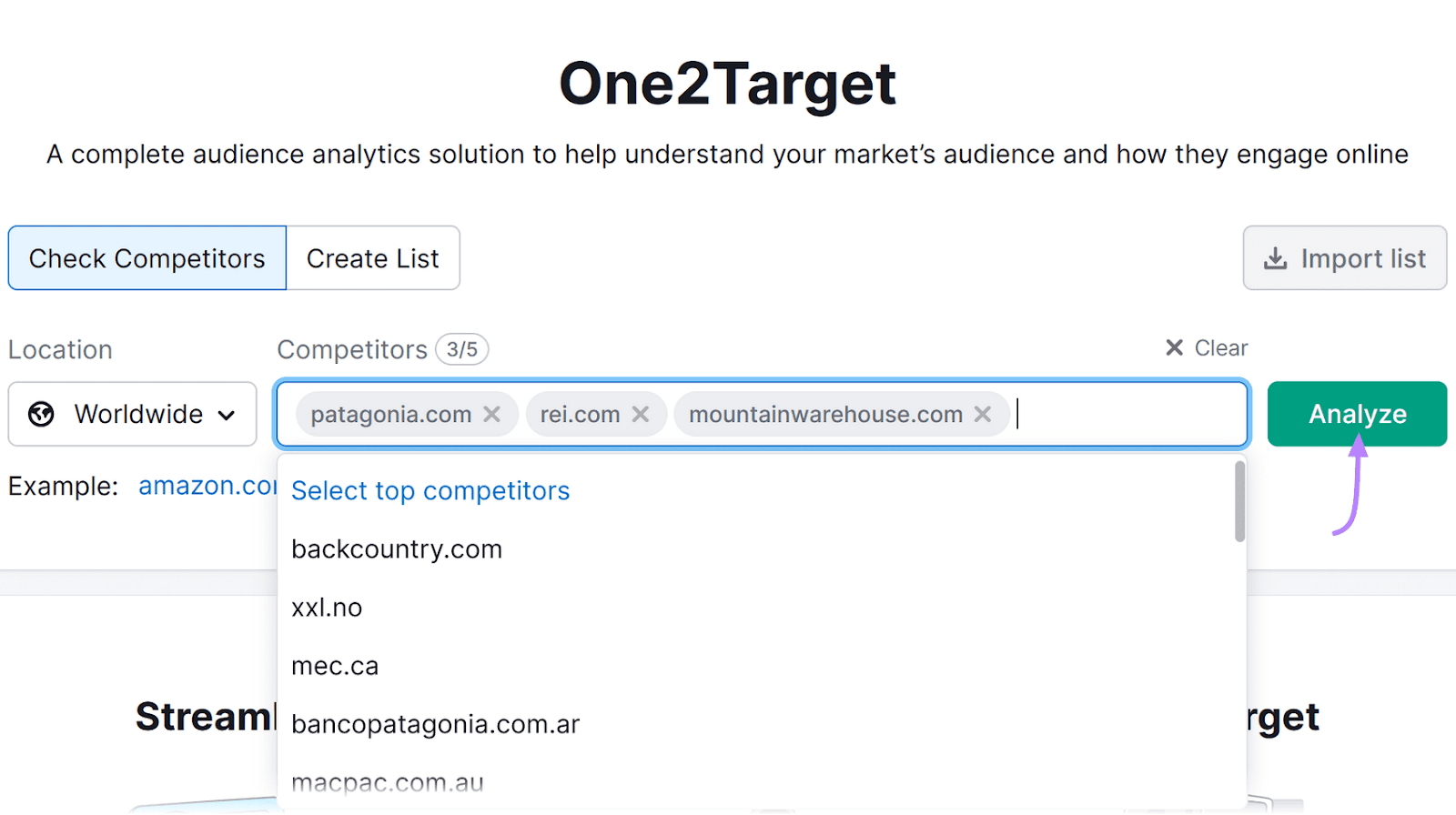 interface for One2Target showing three competitors, and a drop-down menu with additional ones