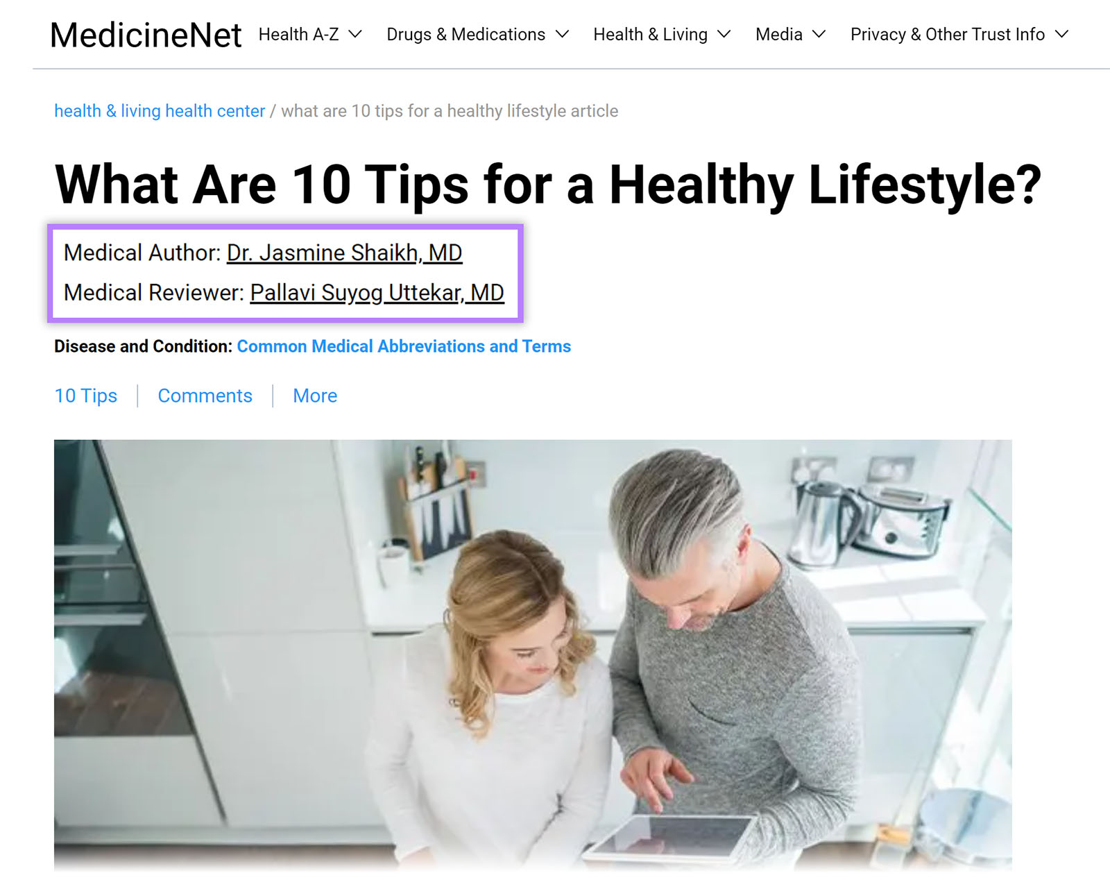 MedicineNet article with author and reviewer information highlighted